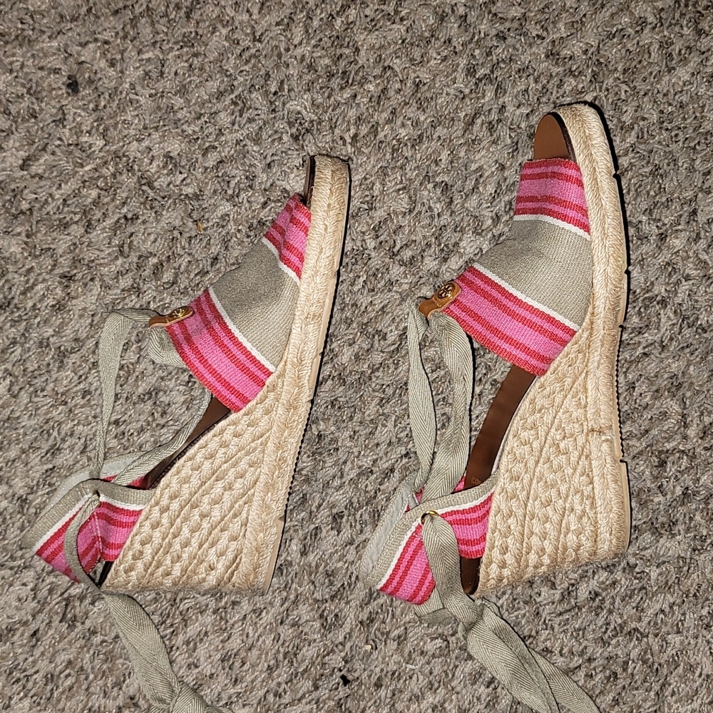 Tory Burch Marabelle High Wedge Espadrille heels tie striped pink beige S3